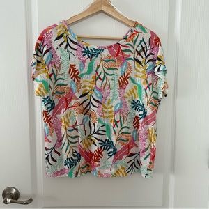 Cynthia Rowley Linen Blouse M Multicolor Button Back Tropical Crop Beach Summer